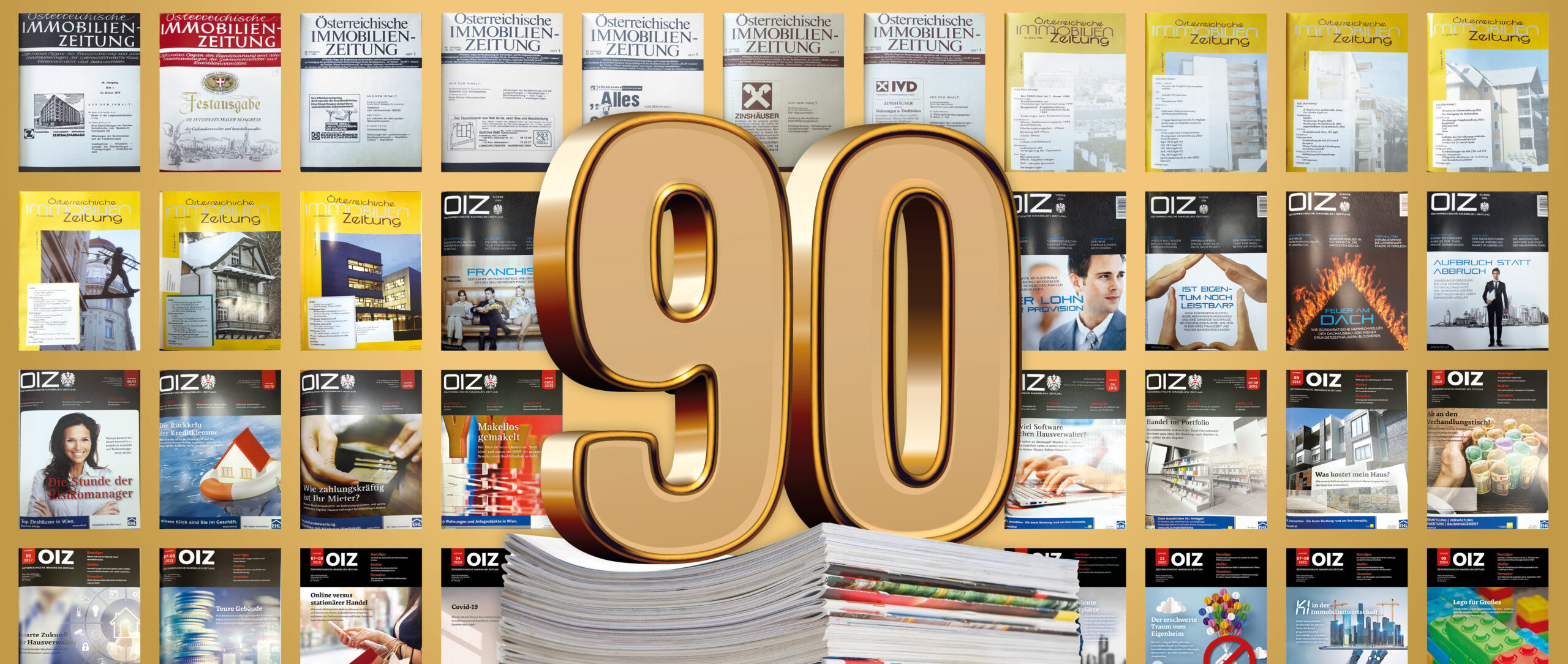 Eine "90" in goldener Schrift, dazu OIZ-Covers im Hintergrund.