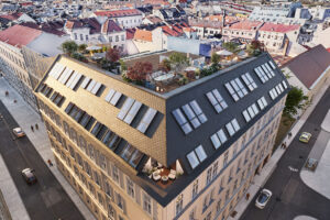 Rendering der Dachgeschosswohnungen von Außen aus der Vogelperspektive.