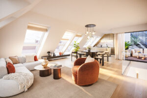 Wohnzimmer des Projektes mit viel Licht und hellen, modernen Materialien und Möbeln.