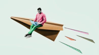 Illu eines Mannes auf einem Papierflieger